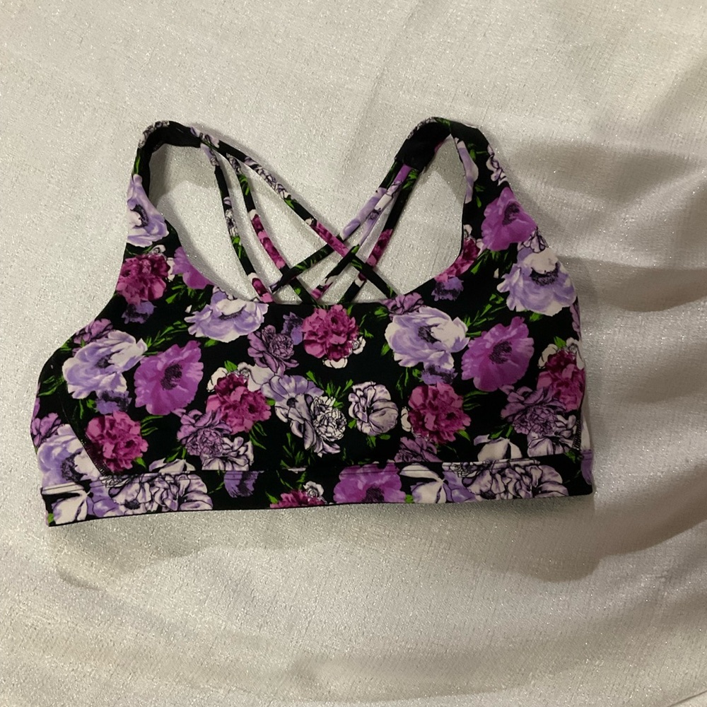 SOLD. Victoria's Secret Purple Floral Lightly Lined Sports Bra with Strappy Back